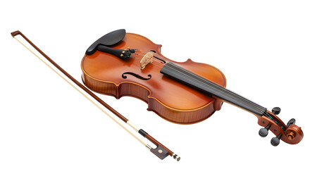 Fototapeta premium Brown, wooden violin with bow on black background shows texture. For classical music posters, music shop branding, and instrument staging.