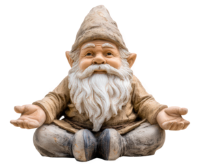 Garden gnome statue with white beard, pointed hat, and open hands, sitting cross legged, rustic outdoor decoration, whimsical and inviting expression