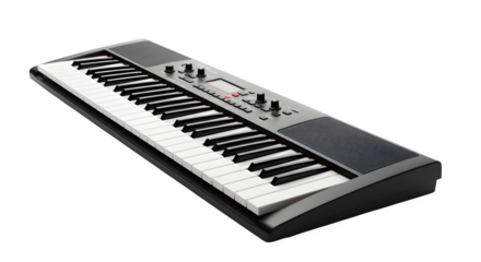Black and white piano keyboard with isolated lighting captures digital music device. For product photography, advertising campaigns, and musical posters.