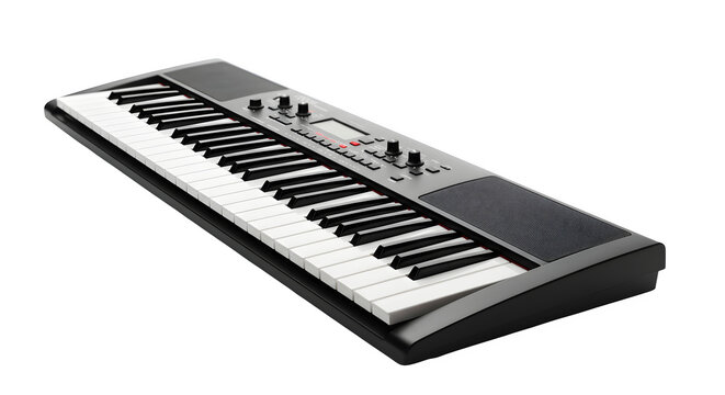 Black and white piano keyboard with isolated lighting captures digital music device. For product photography, advertising campaigns, and musical posters.