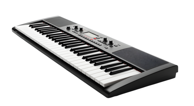 Black and white piano keyboard with isolated lighting captures digital music device. For product photography, advertising campaigns, and musical posters.