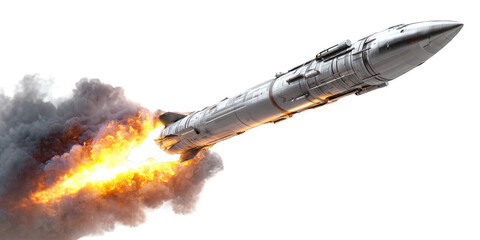 A rocket is flying through the sky with a bright orange flame trailing it