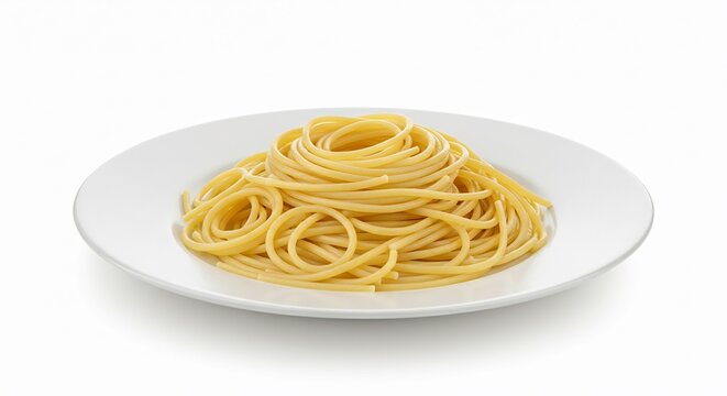 Spaghetti dor� repose d�licatement sur assiette blanche lumi�re douce. AI Generated
