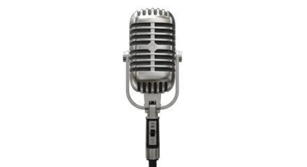 Silver vintage microphone stands against black, captures classic broadcast style. Ideal for product design, music promotion, or vintage posters.