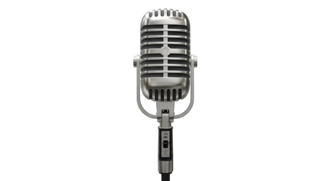 Silver vintage microphone stands against black, captures classic broadcast style. Ideal for product design, music promotion, or vintage posters.