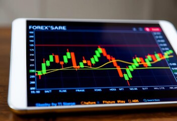Close-up of tablet displaying forex candlestick chart, screen, digital