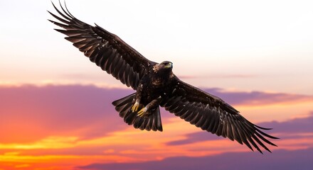 Fototapeta premium Aigle majestueux plane gracieusement ciel coucher soleil lumineux. AI Generated