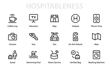 Hospitality Professional Line Icon Set. Unique Modern Vector Collection Featuring Dining, Hotels, Travel, and Leisure Service Elements