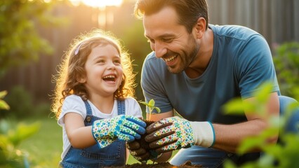 A laughing father and daughter plant a seedling in their garden.