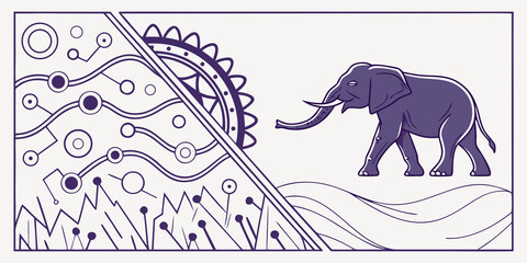 Obraz premium Abstract Digital Art Depicting An Elephant In A Landscape With Technological Elements