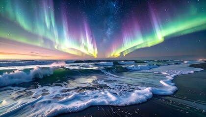 A spectacular display of the Aurora Borealis, its ethereal dance of green and purple lights over a frozen, icy beach and the ocean waves