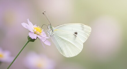 Naklejka premium Papillon blanc d�licat pos� doucement sur fleur pastel lumi�re douce matinale. AI Generated