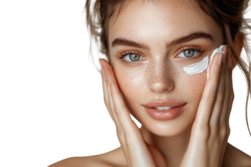 Close up portrait featuring beautiful young woman applying skincare cream, indoors during natural light, highlighting fresh skin and radiant features