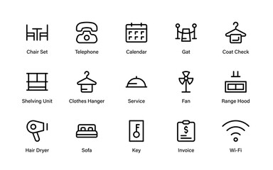 Hospitality Modern Line Icon Collection. Unique Professional Vector Pack for Hotels, Dining, Tourism, and Guest Experience Symbols