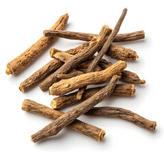 Dried ashwagandha root pieces displayed against a white background, showcasing their natural texture,