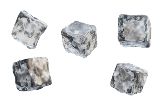 Floating ice cubes undergo a visual transformation in a minimalist environment showcasing their clarity and uniqueness in a separate space with low resolution clarity