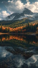 Obraz premium Autumn mountain lake reflection with colorful trees and clouds
