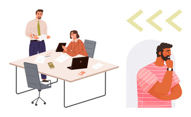 Two colleagues discuss documents at a desk with laptops and papers, while a distant figure reflects thoughtfully. Ideal for teamwork, decision-making, communication, brainstorming, productivity