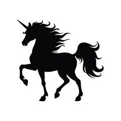 Silhouette of a Majestic Unicorn with Flowing Mane and Tail against White, unicorn with flowing mane silhouette vector illustration
