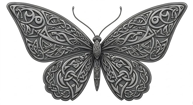 Papillon celtique elegant details relief gris clair texture riche. AI Generated