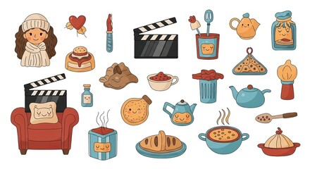 Collection of cartoon illustrations of various objects
