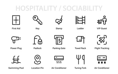 Hospitality Professional Line Icon Set. Unique Minimal Vector Collection with Hotel, Restaurant, Travel, and Leisure-Themed Graphics