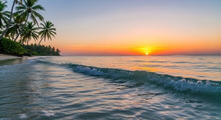 Tropical Sunset Beach Scene: Palm Trees, Gentle Waves, and Golden Sky