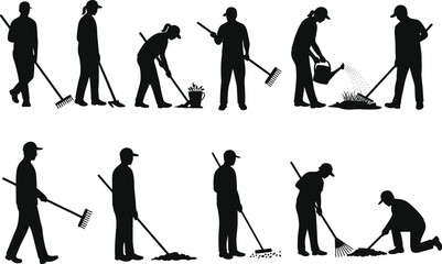 Obraz premium Silhouettes of people gardening, raking leaves, watering plants, outdoor yard work, seasonal garden care, landscape maintenance, cleaning tools, spring garden activities, yard cleanup, teamwork.