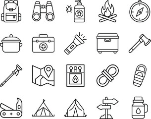 Obraz premium Camping and outdoor adventure line icons with gear tools fire and navigation symbols - Collection of camping and outdoor adventure line icons featuring backpack, tent, fire, compass, rope, flashlight 