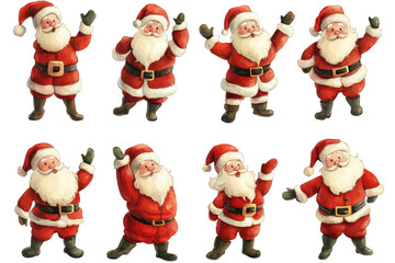 Collection of colorful Santas performing joyful poses on a transparent background, showcasing festive spirit and holiday cheer in vibrant detail