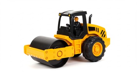 Rouleau compresseur jouet jaune vif brillant sur fond blanc pur. AI Generated