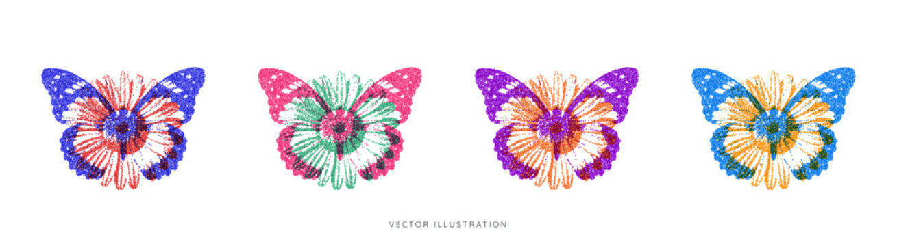 Trendy butterfly and daisy overlapping effect on white background. Halftone or dotwork. Retro photocopy effect icon set. Vector illustration