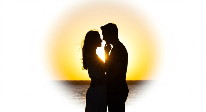 Silhouette amoureuse coucher soleil dor� baigne couple tendrement embrasse. AI Generated