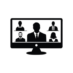 Virtual meeting with five participants displayed on a computer monitor icon, video conference call silhouette vector illustration