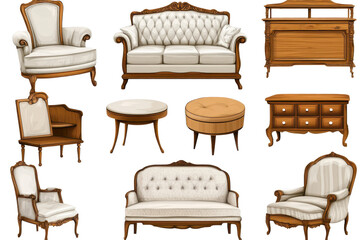Furniture collection featuring elegant chairs, sofas, tables, and cabinets designed to enhance home interior aesthetics and comfort in modern living spaces with classic craftsmanship