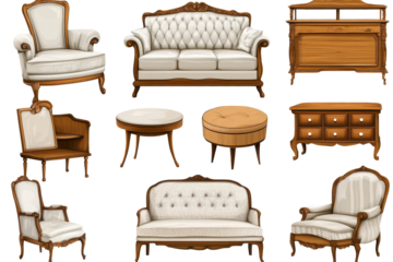 Furniture collection featuring elegant chairs, sofas, tables, and cabinets designed to enhance home interior aesthetics and comfort in modern living spaces with classic craftsmanship