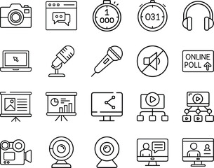Media communication line icons set with microphone camera computer and online meeting symbols - Collection of media and communication line icons featuring microphones, webcams, laptops, charts
