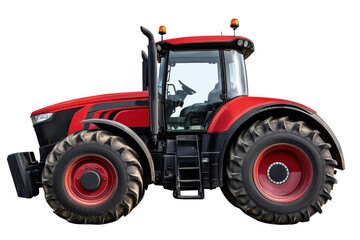 Obraz premium Heavy-duty red tractor showcasing powerful design and advanced features in agricultural landscape, captured during bright daylight