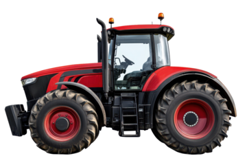 Heavy-duty red tractor showcasing powerful design and advanced features in agricultural landscape, captured during bright daylight