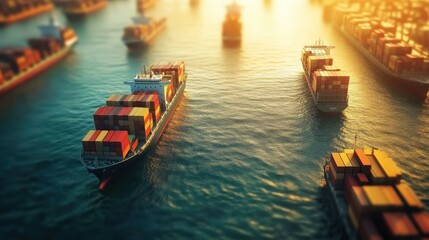 Obraz premium A bustling maritime scene with cargo vessels on blurred background