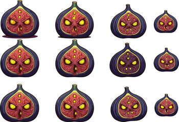 Stylized fig faces with glowing eyes, expressive fruit characters, surreal fig emotions for Halloween, fantasy, concept art, and design themes