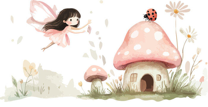 Whimsical watercolor illustration of a cute fairy flying towards a charming mushroom house with a ladybug on top