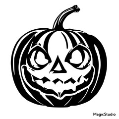 Black and white vector silhouette of a Halloween pumpkin on white background