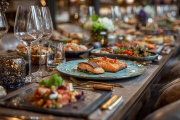 Fototapeta premium Grilled salmon fillet served on festive Christmas dinner table
