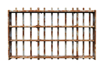 Rusty prison bars set against a white background highlight the starkness of confinement and isolation, evoking thoughts on penal systems and freedom