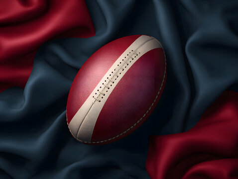 Red and white rugby ball on dark blue and red fabric