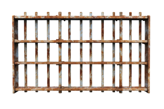Rusty prison bars set against a white background highlight the starkness of confinement and isolation, evoking thoughts on penal systems and freedom