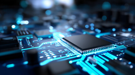 Close-up of microchip on illuminated motherboard with glowing blue circuits.
