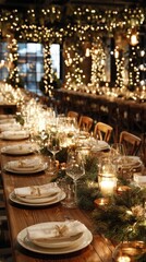 Long Christmas dinner table with pine decor and festive lights