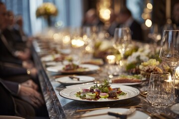 Elegant executive Christmas dinner with gourmet plate and formal atmosphere